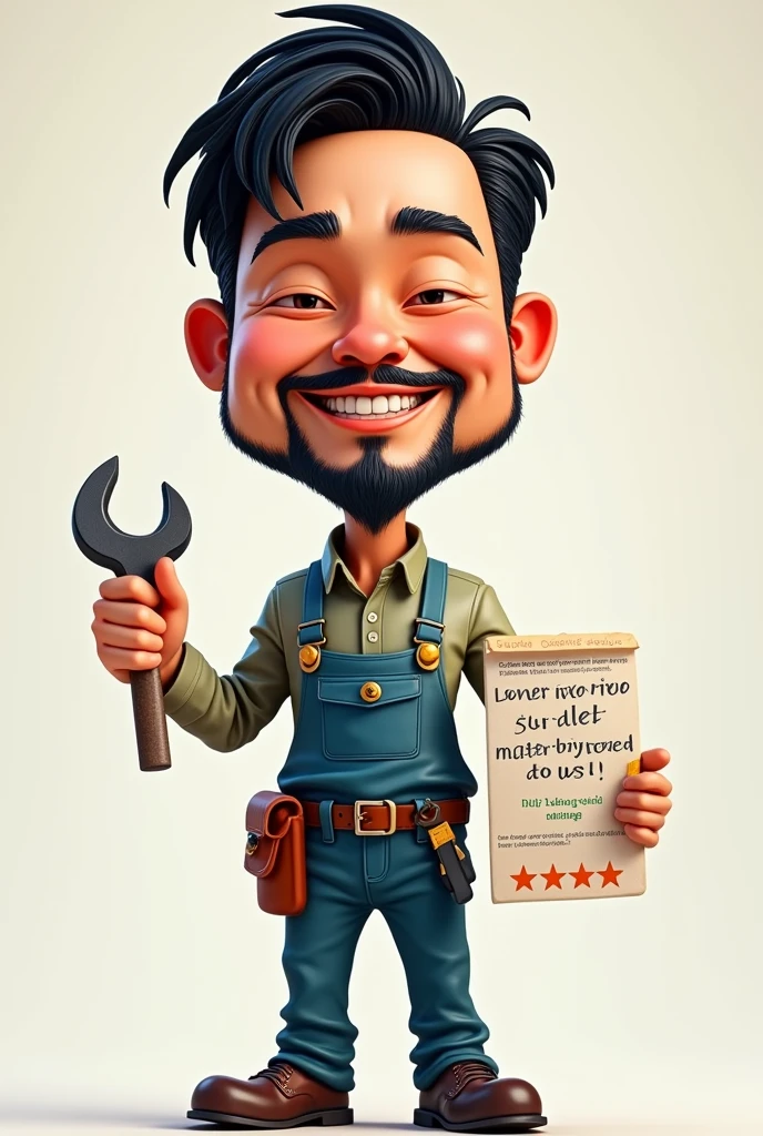 a caricature of a skinny mechanic, Cao Cao, dark-haired man with medium beard to create a 1 totem,5m tall in his right hand a tool and in his left hand a google evaluation sheet, this sign must contain the 5 stars from google and the phrase: Your review is very important to us!