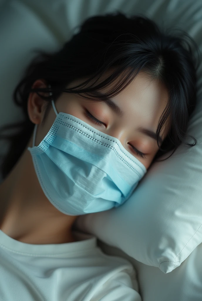masterpiece, best quality, highres, realism, girl wearing surgical mask to sleep, eyes close