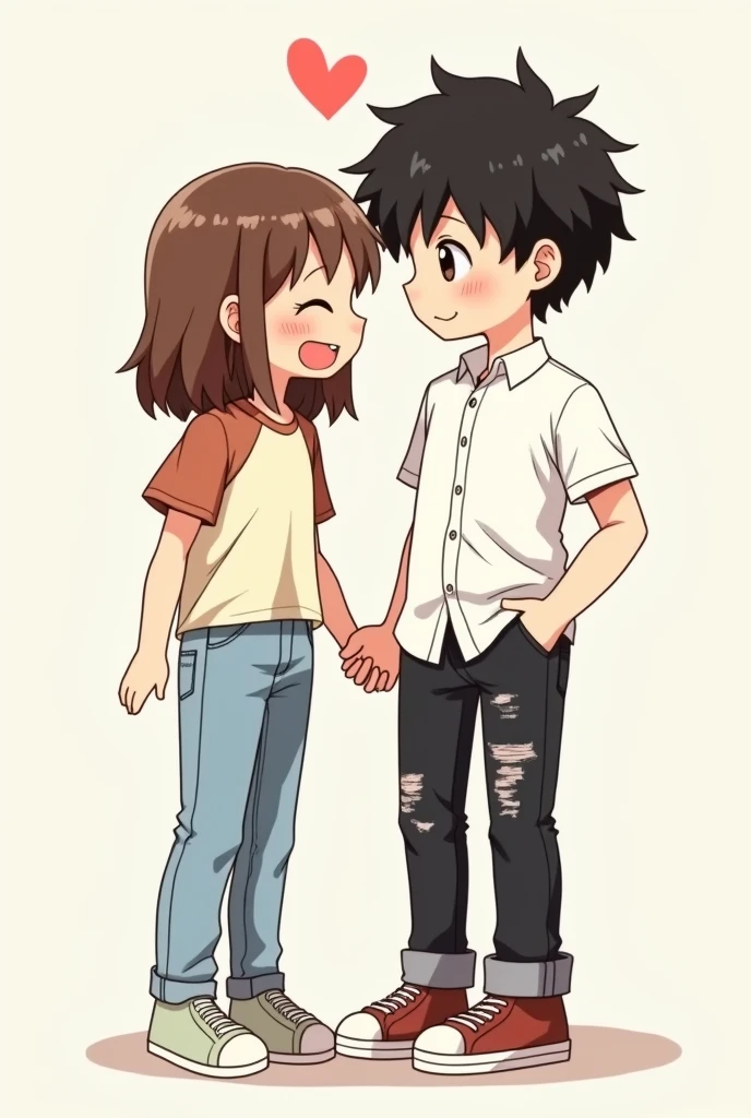 Two chibi manga couples, the girl has an off white tshirt on with brick brown sleeves and light blue jeans and the guy has worn black faded jeans with white button up shirt and the guy’s hair is black and CURLY and the girl’s hair is brown and straight