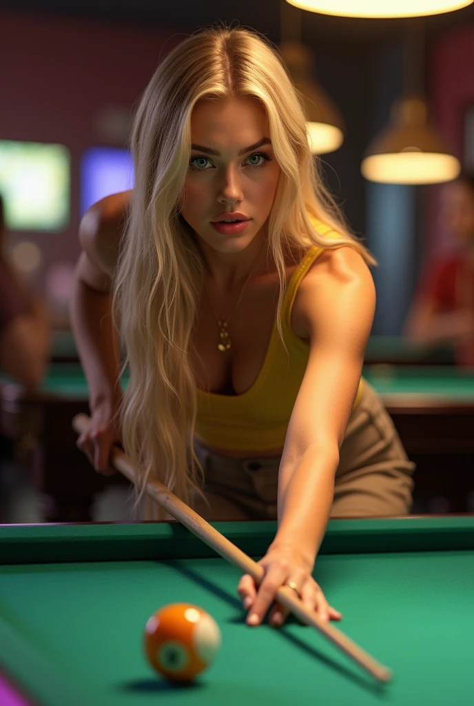 Create a realistic image of a 20 year old woman,
long blond hair, blue eyes, cheekbones, ((full body)),
Dressed in a light brown skirt, a mustard yellow tank top, playing pool, in a bar with friends, holding the pool cue and aiming,
background image: a bar with people,
head to toe, full body, hyper realistic photo