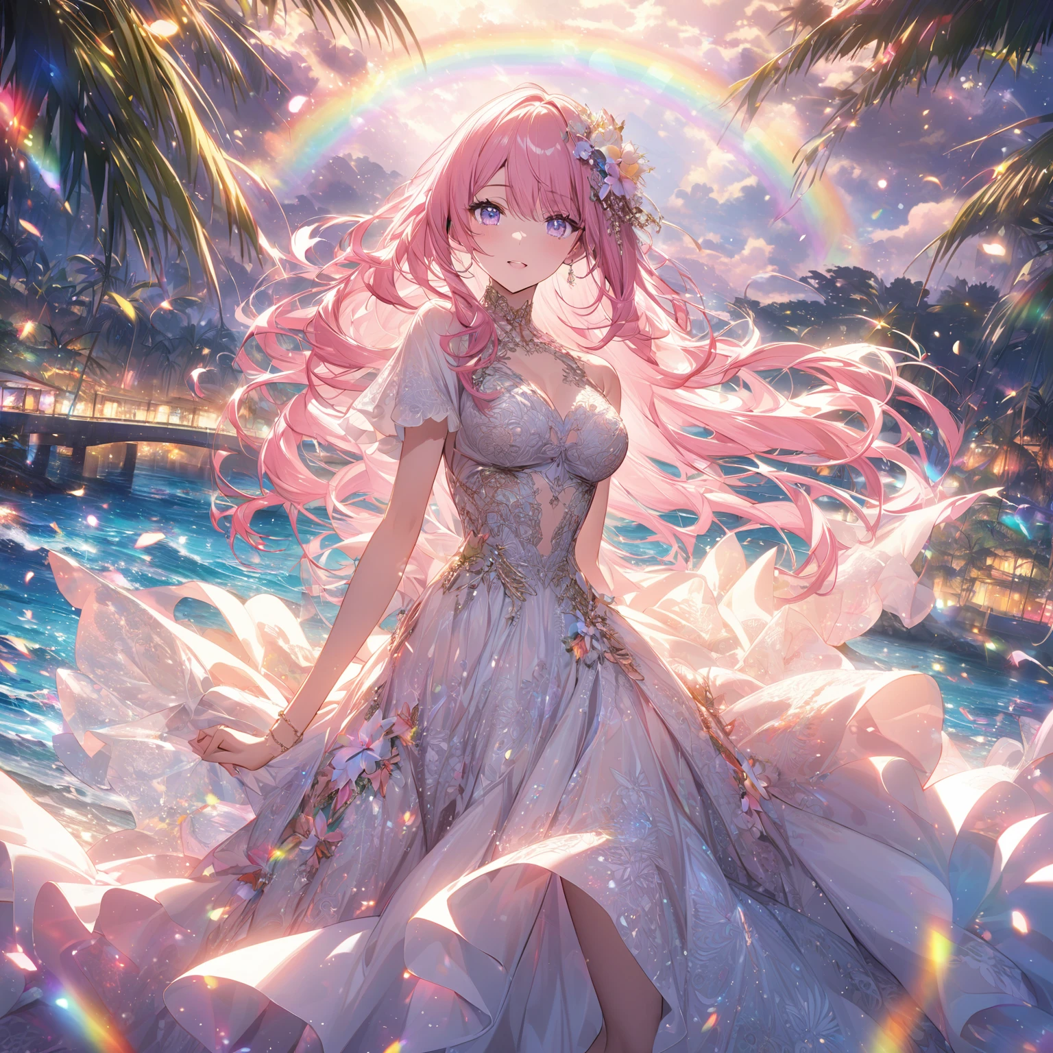 ``A beautiful woman with long pink hair and beautiful eyes wearing an elegant and detailed hawaiian dress.The dress must have intricate designs and patterns to give it a luxurious and luxurious feel.In the background , the image should depict a romantic Hawaiian beach at night with light reflecting off the water and an illuminated bridge across the scene, emphasizing the sparkling effects and rainbows throughout the image. Enhance your look and add special ruffles to your dress to make it stand out.”