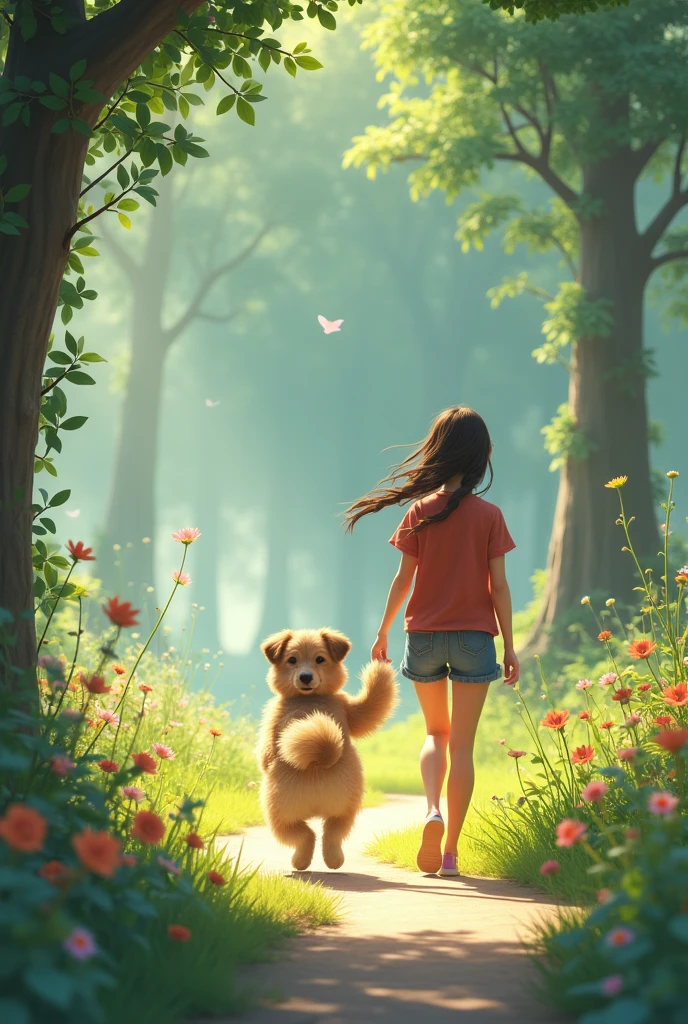Give me a 3d picture in which margo and doggy going to garden.and there is lot of silence
