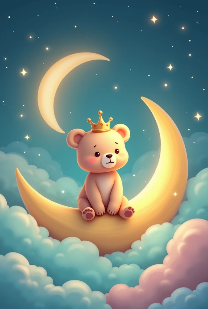 What a lovely idea for an invitation!! I recommend that you visualize a sweet and adorable light brown bear sitting on a half moon., with a beautiful crown adorned with animated details. The moon can have a soft glow that highlights its sweetness and, Around her, Turquoise and pink fluffy clouds that add a magical touch. In 9 format:16