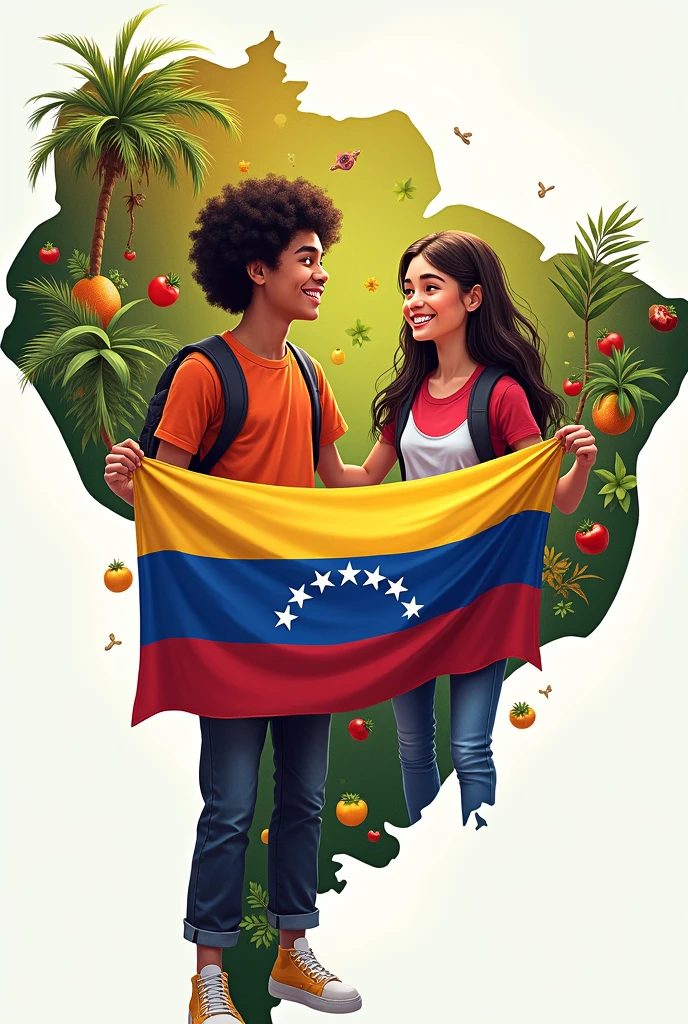 2 Smiling agers holding the Venezuelan flag inside the map of Brazil with objects from the culture of Venezuela and Brazil