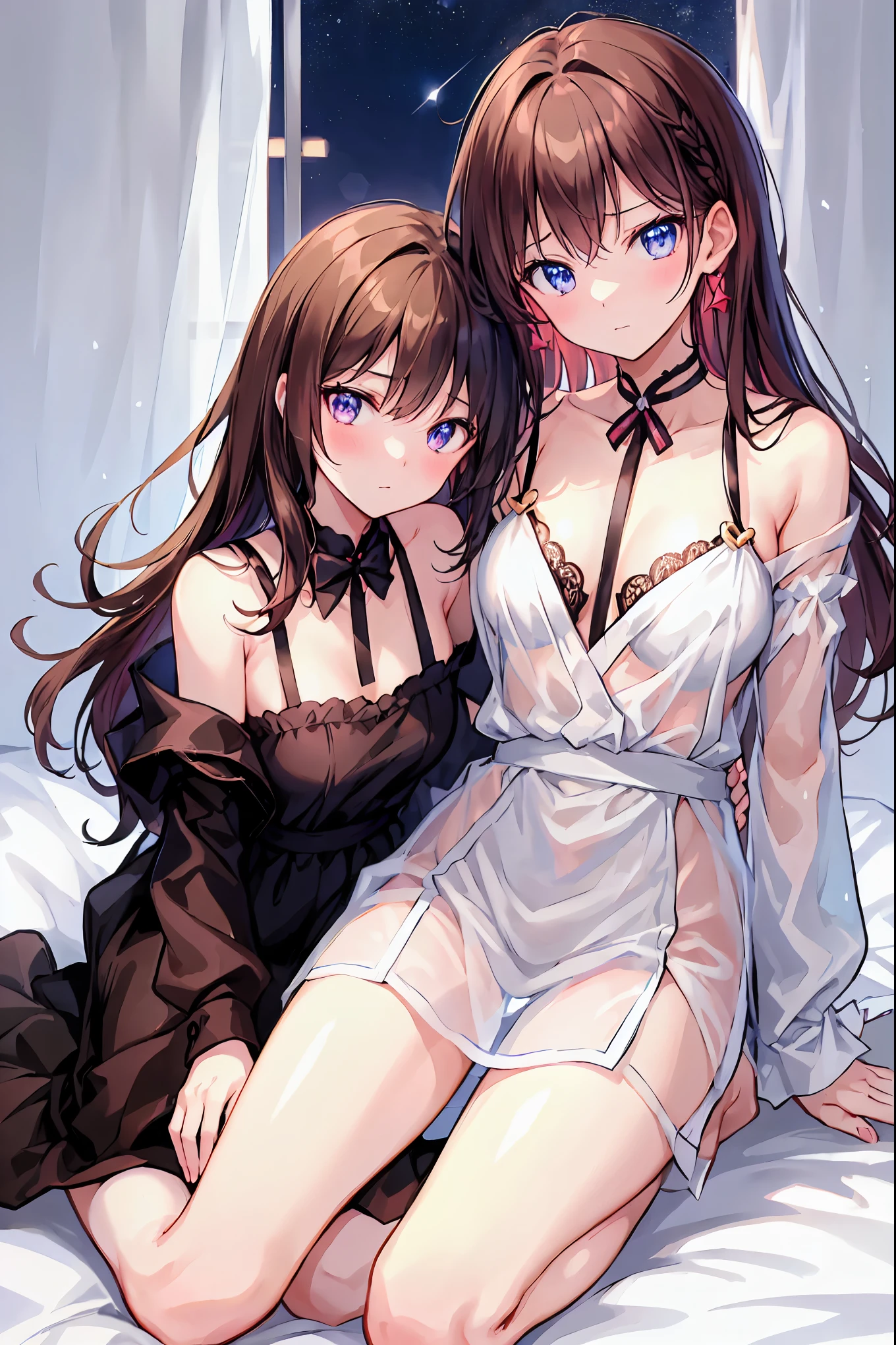 (Tabletop)(High resolution)Couple in their 20s, woman、Unisex Light Clothing、woman向けロマンス、Sparkling atmosphere、Glossy appearance、Happily、Devour each other according to your desires、interview、womanの胸や体を触る、womanがキスをする、make out、woman(Brown medium long hair、Slightly large chest、negligee、close ~ eye)、Sweet Sigh、male(Black short hair、Half-taken off shirt、Show off your legs、強くclose ~ eye)、background(room、bed、Turn off the light、I closed the curtains..)、The night deepens、dim,Brown Hair,Shortcuts,Messy Hair,Slender beauty,A dignified posture,Small chest,Beautiful feet,魅惑的なグレーブルーのeyeは星のように輝いている