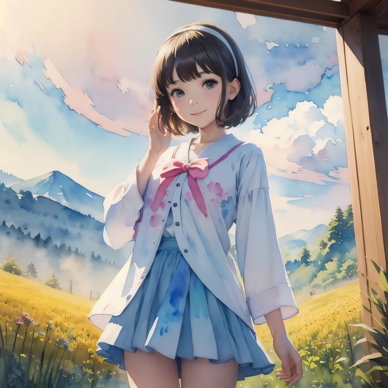 (masterpiece), (Highest quality), (Super detailed), 1 girl, Late teens, Are standing, wave hands, Thigh Focus, From below, school uniform, Seraphim, hair band, Bobcut, Brown Hair, smile, View your viewers, Japanese countryside scenery, Paddy field, Gravel road, Cumulonimbus, In summer, Professional Lighting, A stunning face, Detailed eyes and face,(masterpiece:1.2, Highest quality),(Very detailed),(((watercolor))),8k,wallpaper,(((Transparent watercolor)))