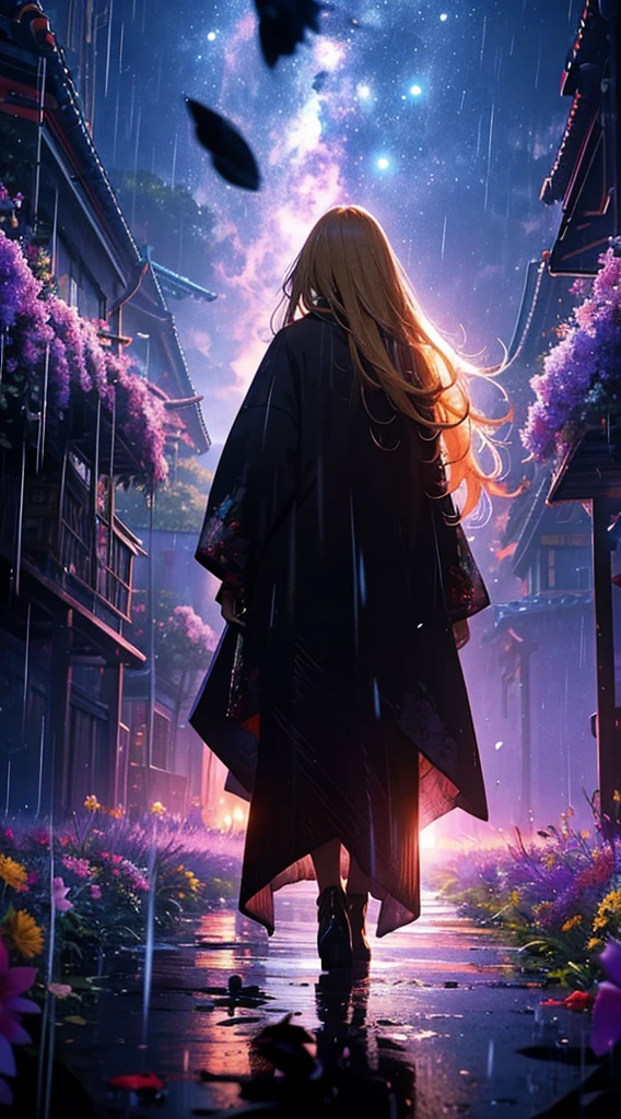 1people々々々々々々々々々,Blonde long-haired woman,Long coat, Dress Silhouette, Rear View,universe ,typhoon,rain,Flower Field,Colorful flowers