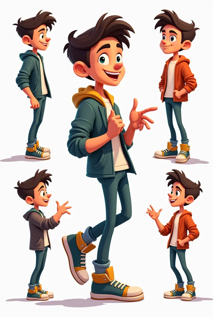 Six teen years old cartoon boy full body head to leg some other poses with his hand also cool and smart