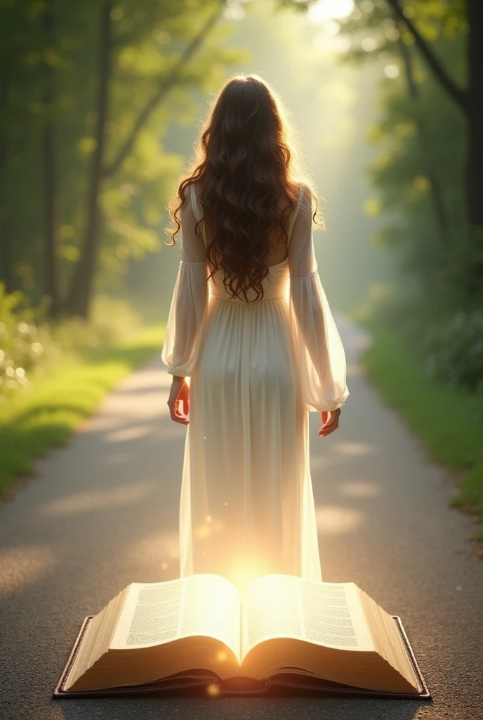 A woman in a white dress, long brown curly hair; walking on a long road. In front of him a large, shiny, open Bible, as if it were a portal