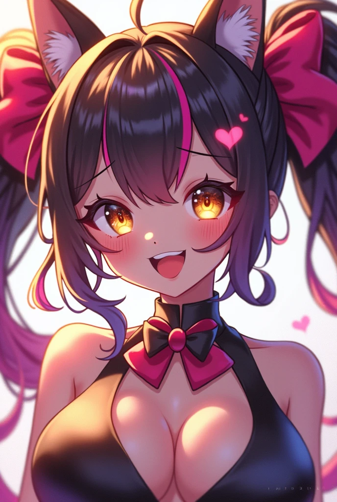 Big ribbon Vtuber.Golden Eyes, Colorful Hair, Bangs, Twin tails, Animal Ears, Blushing, Open your mouth, Drooling, Droopy eyes, I want to cry, Red face, Ahegao, Long Tongue, Heart-shaped eyes, Fatty face, Dutch Angle, 