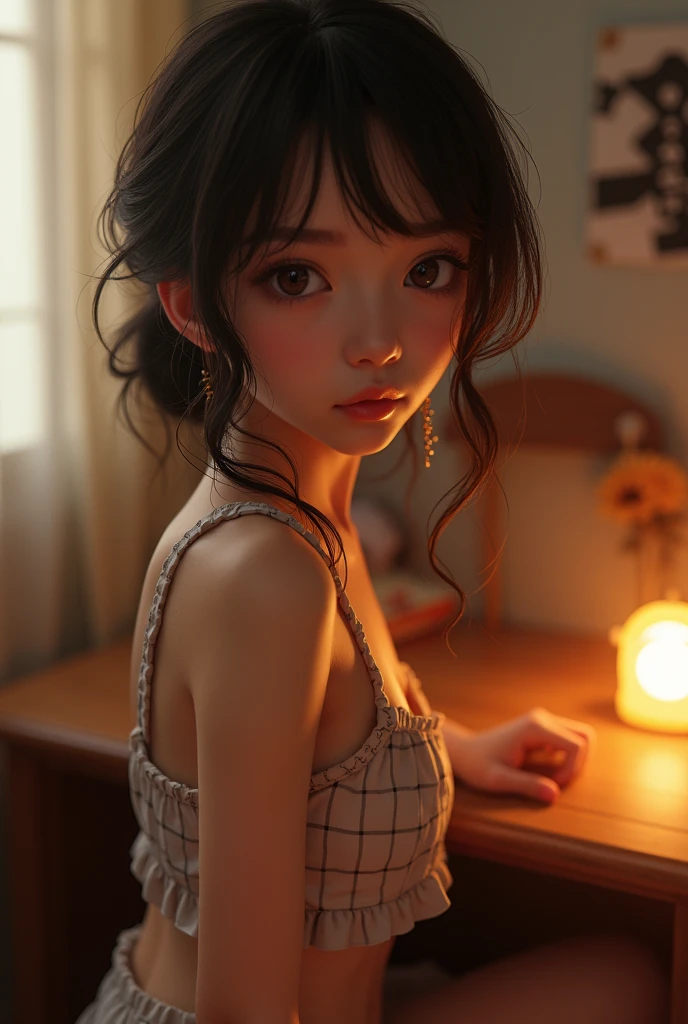 highest quallity、eyes details、gorgeous eyes、perfects eyes、detailed hair、cute hair、perfect hair、8k、head of details、beautiful head、perfect head、NSFW , , (childlike , , Japanese , high school student、pin-up girl , 1 girl in , with a height of 154cｍ、corpo curto , ) , (slickedback hair , ) , (Heavy breathing、Provocative facial expressions、looking at the camera、blushful , full mouth、smile mouth , eyes browns , ) , ( , pussy is visible、Your calves are exposed、your breasts and nipples are exposed)(whole body、full body capture , medium-full shot , )(desk , beautiful detailed glowing) ,