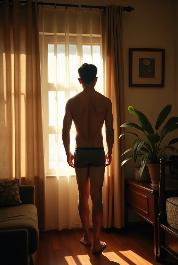 In a Vietnamese bedroom, a Vietnamese man stands near a window, wearing boxer underwear. Sunlight streams in, casting long, gentle shadows across the room. The composition, with its balanced elements, emphasizes his confident stance and showcases the quiet serenity of the intimate space.