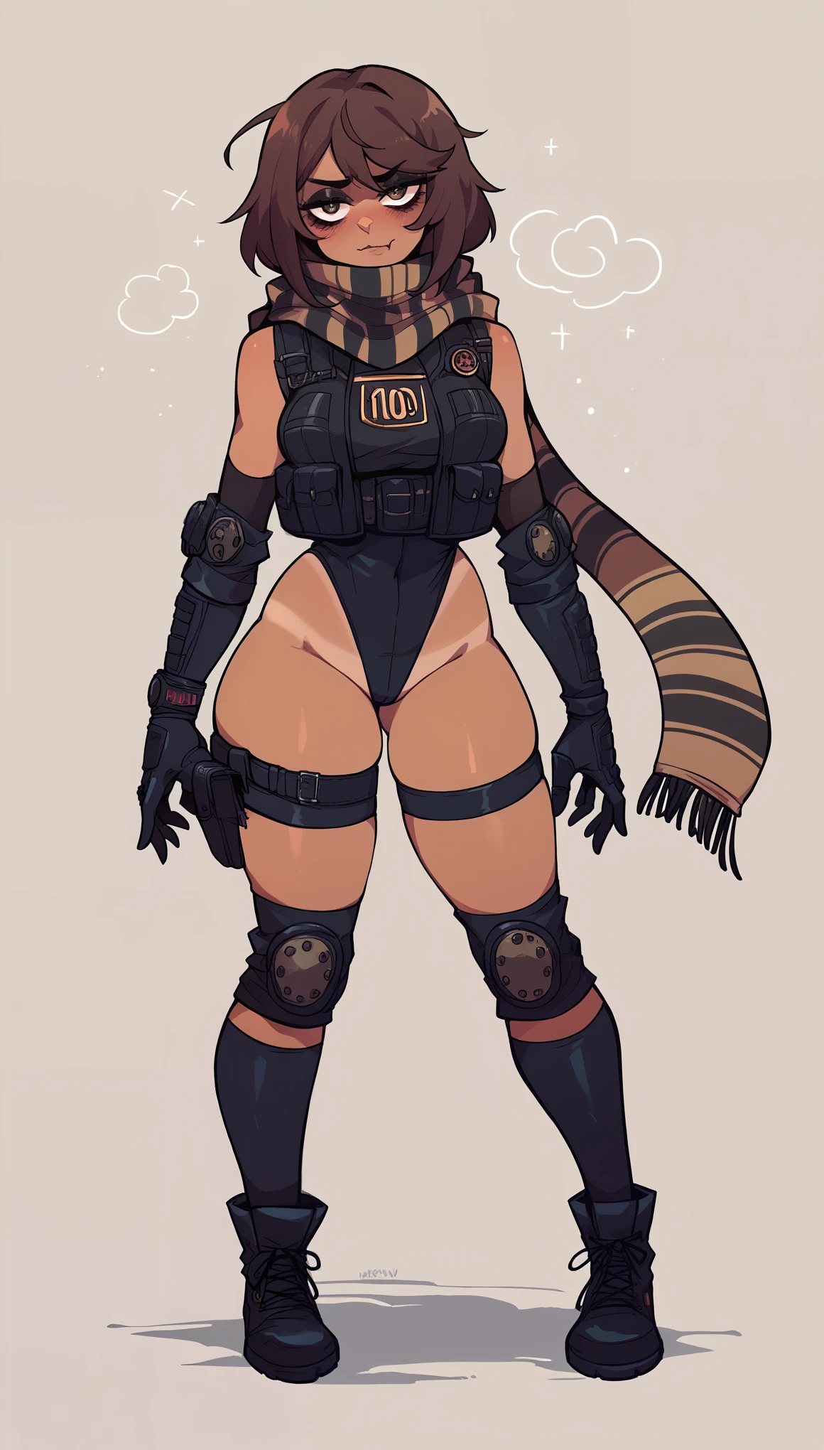 Goth Noir (nod)  wearing a black swimsuit black skin full body bulletproof vest. thigh Heights. Come back gloves. Tan linds. Knee pads. Military scarf. Fallout. night. Mad. Sexy. Nsfw. Lewd.