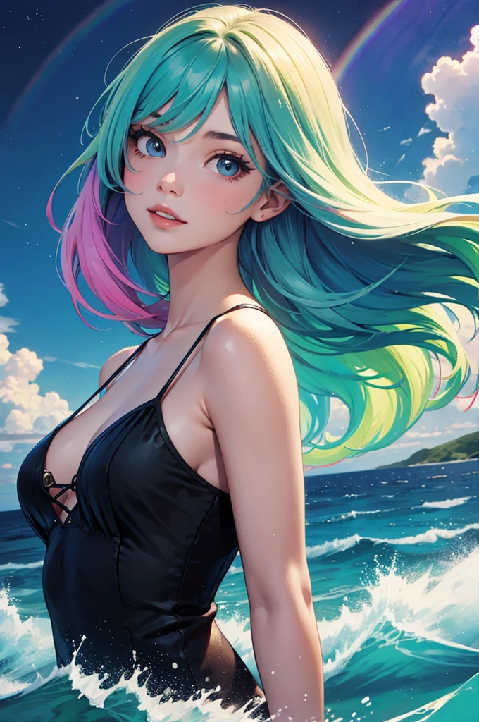 ((masterpiece, best quality, highres:1.2)) centered, close up, 1girl, young,sky blue hair, colorful hair, flowing hair, long hair, glossy lips, glowing multicolored eyes, looking at the camera, dual tone light source, colorful set, back light, body up, make up, glow sparkle, light summer dress, white dress, water drops in skin, wet skin, plump lips, dinamic pose, dinamic angle, big reflective eyes, strong wind,gwen2-000012:1