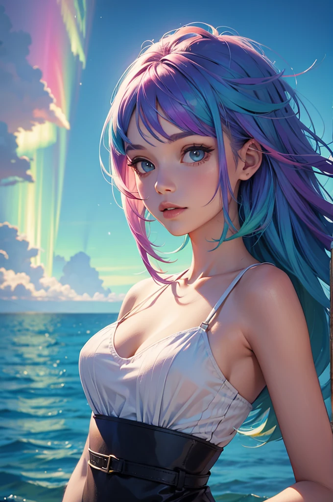 Girl with rainbow-colored hair, upper body, sunset, full moon, sea