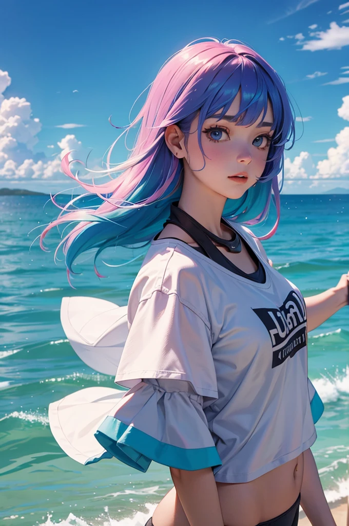 Aurora, girl with rainbow hair, upper body, sea