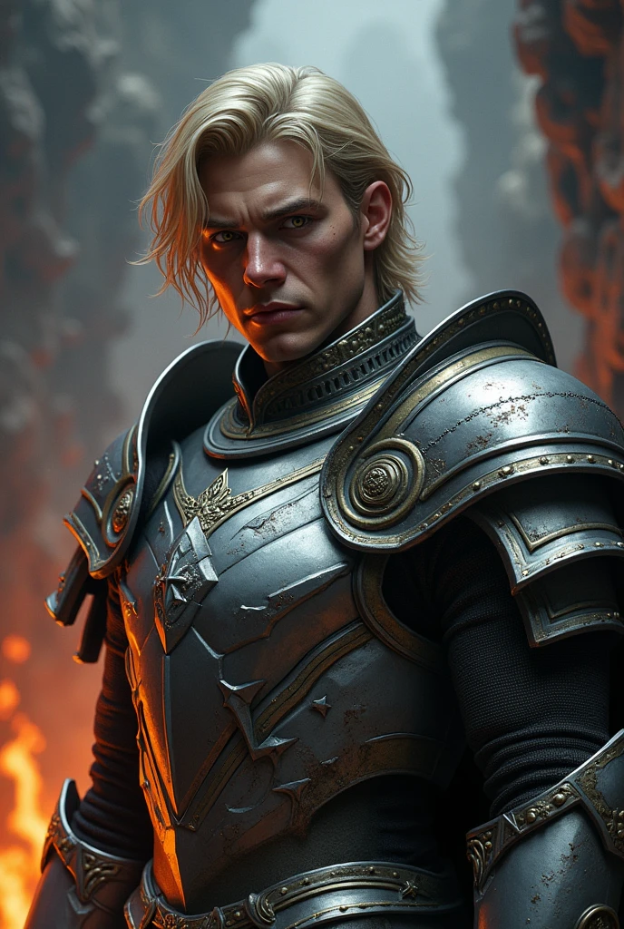 Create a handsome prince of hell with silver armor that looks intimidating, blonde hair above her shoulders and honey-colored eyes, make it look cruel