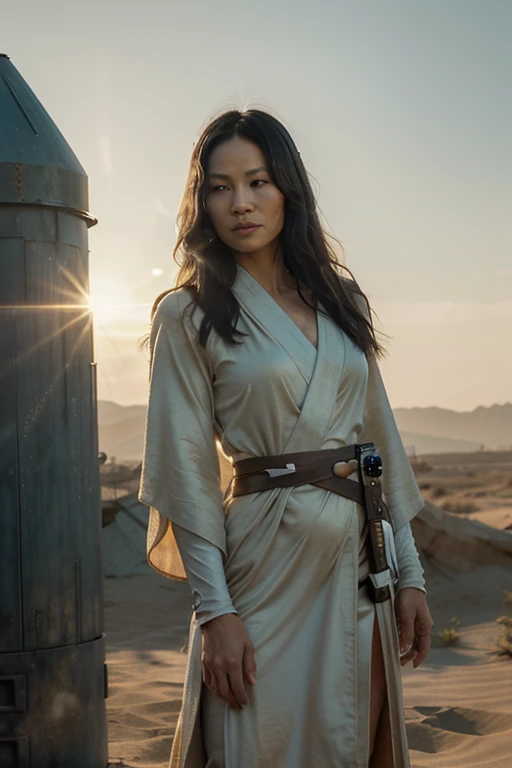 Medium shot. Lucy Liu standing in a desolate Star Wars landscape, with a white and beige Jedi suit. She holds her blue lightsaber lit and in combat position.. The soft, warm light of the twin suns casts a glow on your face, contrasting with the dark veil of the surroundings. A subtle lens flare. A sharp focus on your face, amidst the faded and tattered robes. Warm golden sunset background, warm golden tone, post-processing, live action, A masterpiece. 