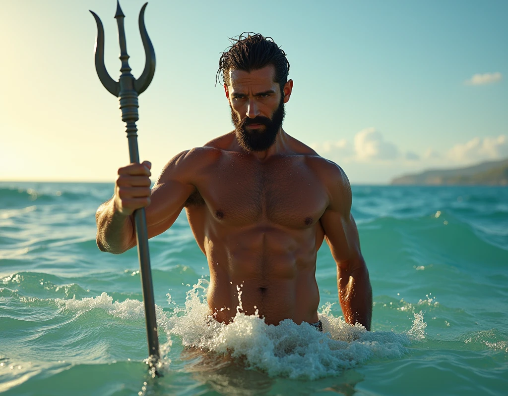 Sexy god Poseidon, Coming out of the sea half naked, with his trident in his hand, Looking seductively at the viewer, sunny lighting.