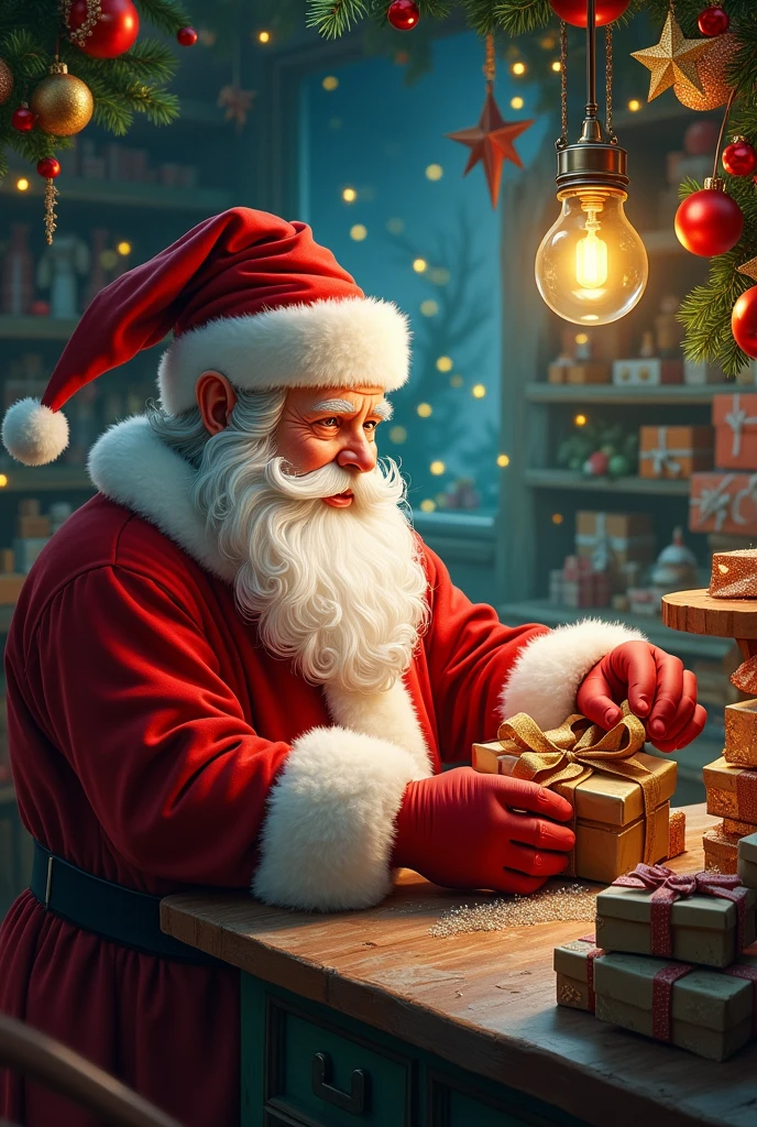In a workshop filled with the warm glow of twinkling lights, Santa Claus toils amidst stacks of colorful toys and shimmering tinsel. His rosy cheeks are framed by a snowy white beard, and his eyes twinkle with joy as he meticulously crafts each gift with care and love. This enchanting scene is depicted in a beautifully detailed fotorealist. Rich hues of red and green dance across the canvas, filled with intricate details that bring the scene to life. The image radiates a sense of wonder and delight, drawing viewers into the heartwarming tale of Christmas cheer.