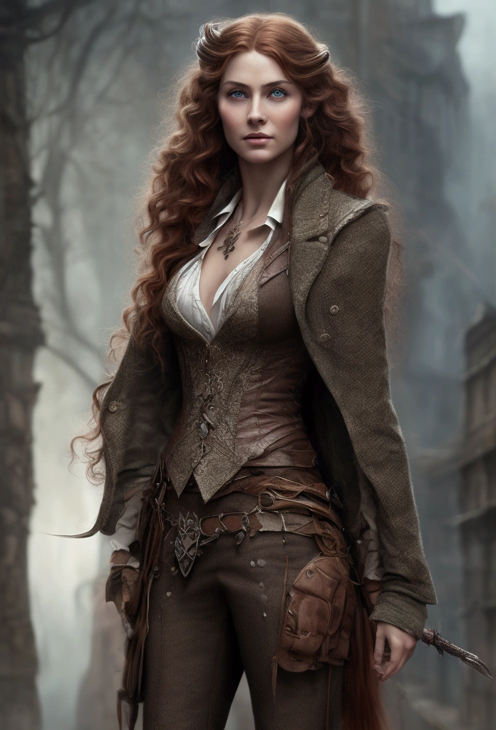 an elven maiden, wearing a tweed vest and patched trousers, tall, toned, amazonian stature, athletic hourglass figure, busty bosom, long pointy elf ears, amber eyes, dark hair, long messy curls, warm almond skintone, freckles, elven ears, standing on a foggy Victorian-era street corner, illustrated movie poster, graphite shading, stencil marks, airbrushed acrylic paint, masterpiece