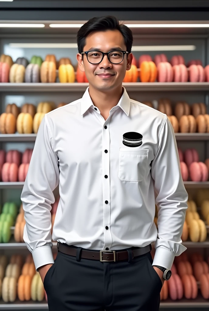A whole body of a 5'8 filipino sales man wearing a eye glass and white long sleeve and has a black and white print of macarons in the upper left chest and standing in front of the chiller filled with assorted flavors of French macarons
