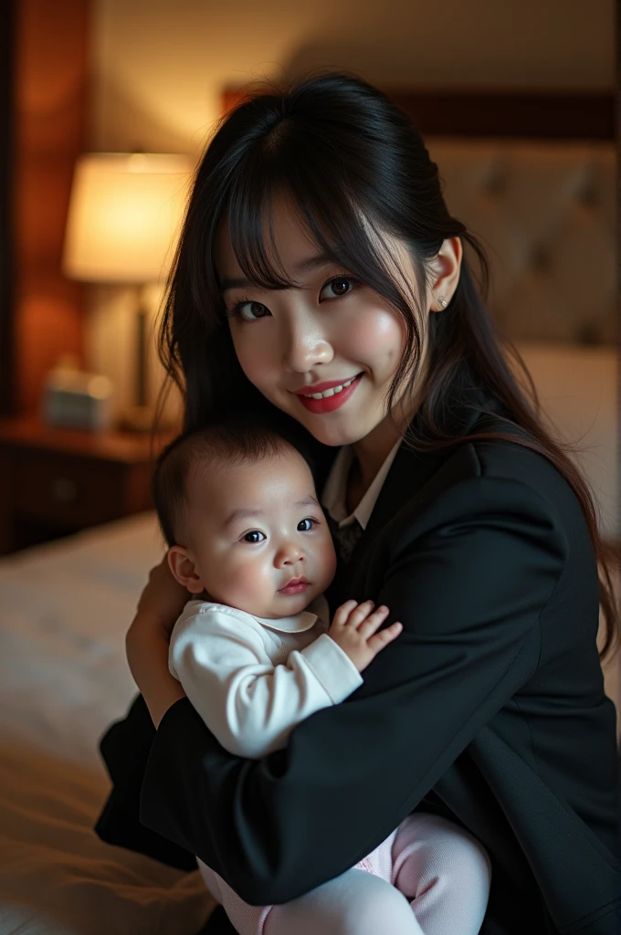 (best quality、On the table、8K、Best image quality、Award-winning works)、(A Japanese girl wearing a suit holding a baby:1(Close-up of face:1.1)、Large Breasts、Highlight your body lines、Ultra HD hair、Ultra-high resolution perfect teeth、The most beautiful smile is looking at me、Ultra HD Beauty、Ultra HD hair、Ultra HD shining eyes、Radiant Ultra-HD White Skin、Ultra-high quality glossy lipstick、(Accurate anatomy:1.2)、(Extremely blurred background of a bedroom in an upscale brothel:1.1)、(The background is very blurry:1.1)、Luxury wall decoration、Luxurious interior、(Royal VIP bedroom of the highest class brothel:1.2)、(Gloomy and obscene lighting:1.1)