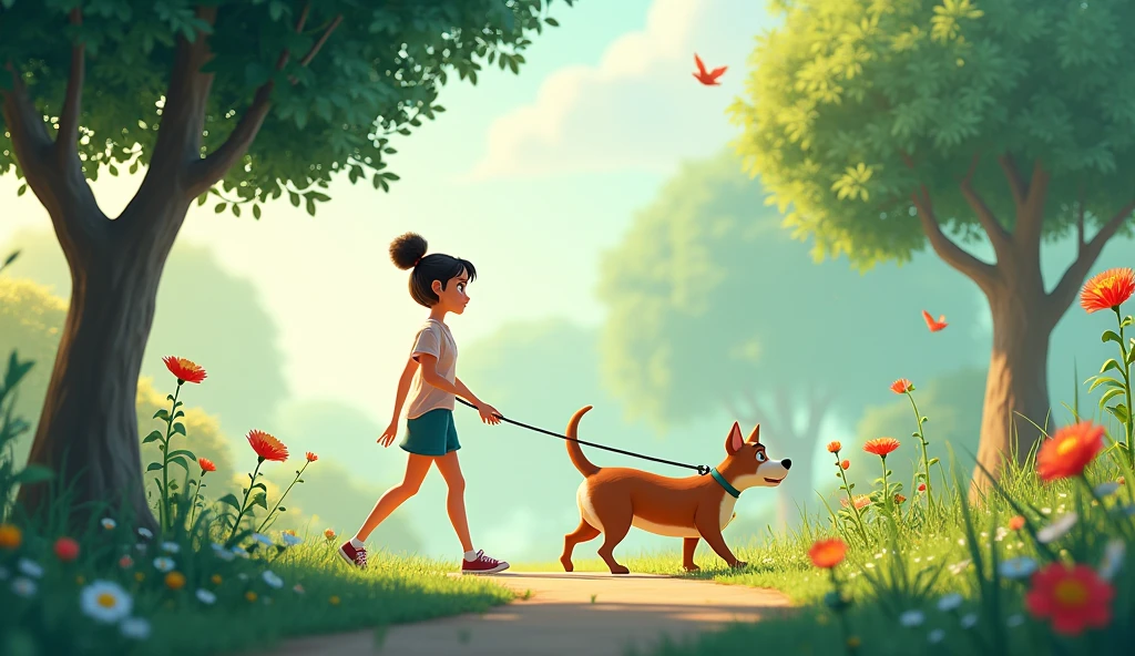 Give me a 3d picture in which margo and doggy going to garden.and there is lot of silence