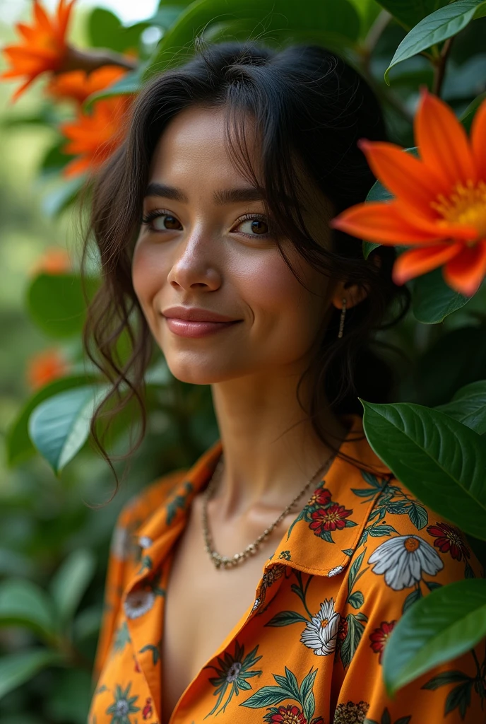 A Brazilian woman in a lush tropical garden, wearing an open shirt with a floral print, with a close-up capturing the harmonious beauty between her breasts and the natural flowers, showing off your natural charm and outgoing personality.