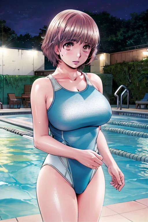 A beautiful girl with big breasts, beautiful legs, and a boyish short haircut is standing by the pool in a wet, bright pink high-cut swimsuit with the arena logo and lettering.。