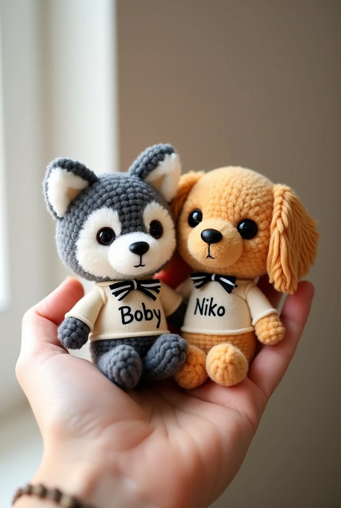 Produk desain,mini plushie,   a husky With grey color , and a Golden retriever ,There is the word Boby written on the  T-shirt  of the Husky, and the word Niko written on the T-shirt of the golden retriever, the writing is made of embroidery,  The material is made of fur doll  from the Miniso brand, kawaii design,  ribbons around their necks, The brand's eyes are made of black amigurumi eyes, and the nose is black, the cat's whiskers are made of black thread ,Head size is larger than body, Product photo with plushie in the palm of the hand 