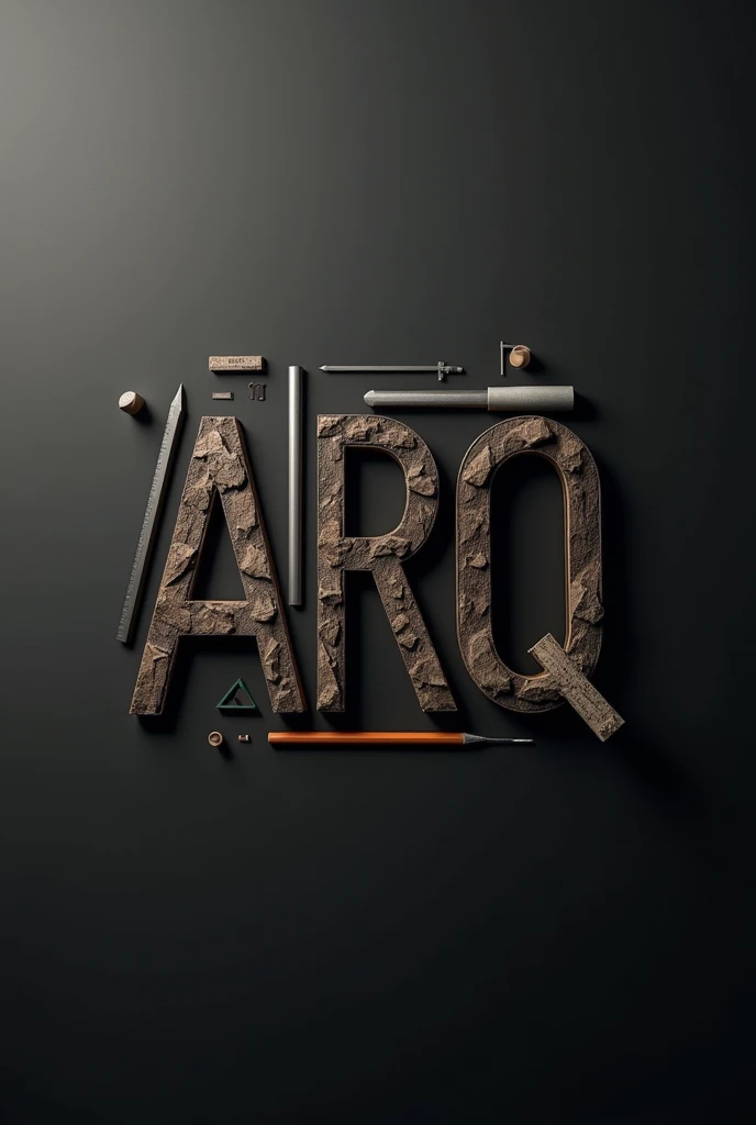 Create an image in which a series of objects used by architects are arranged on a black background in such a way as to form the word "arq". Remember not to leave objects stuck together., Upcoming only, so that the outline of the word formed is not continuous. The word arq must be formed in the void of objects, in its surroundings there will be objects. arq de formará no fundo preto com os objetos em sua volta delimitando os contornos da palavra