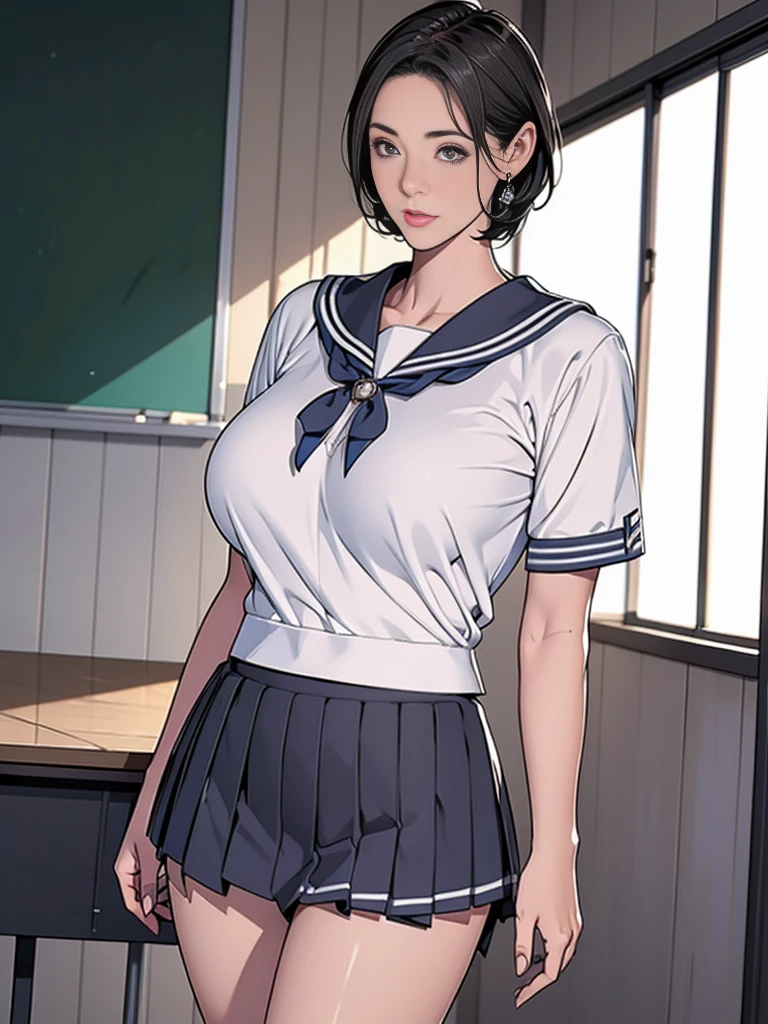 individual，short hair，Photorealism，detailed，masterpiece，Mature，Beautiful girl，Large Breasts，Standing，Sailor Suit，Pleated Skirt，In classrooms
