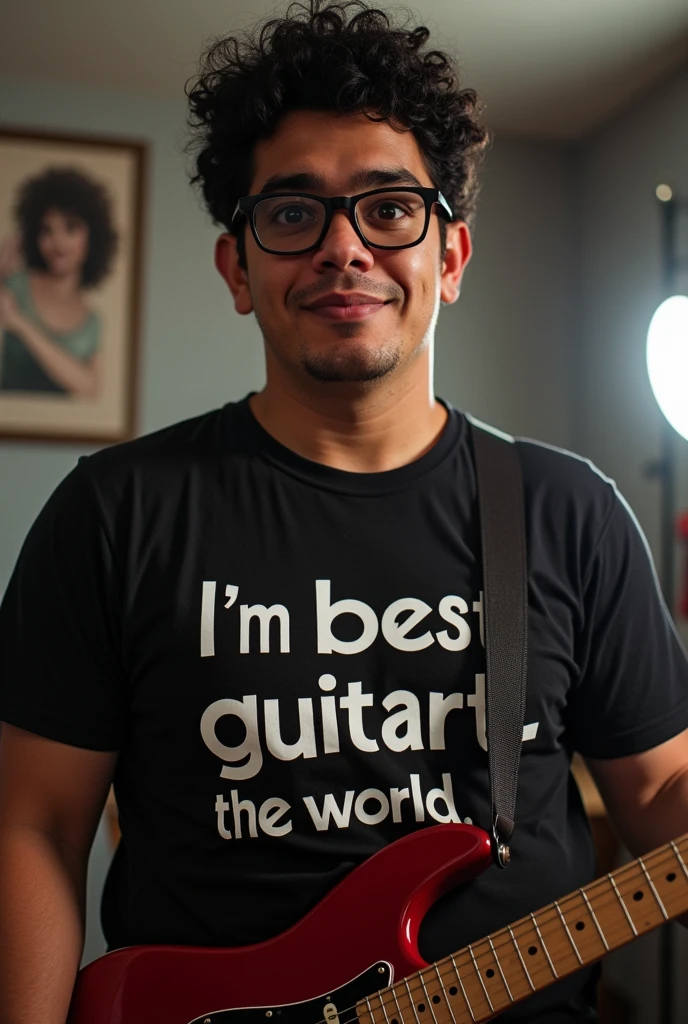 A very fat indian short curly hair very black with eyeglass wearing black t-shirt written im the best guitarist in the world 2 mans band