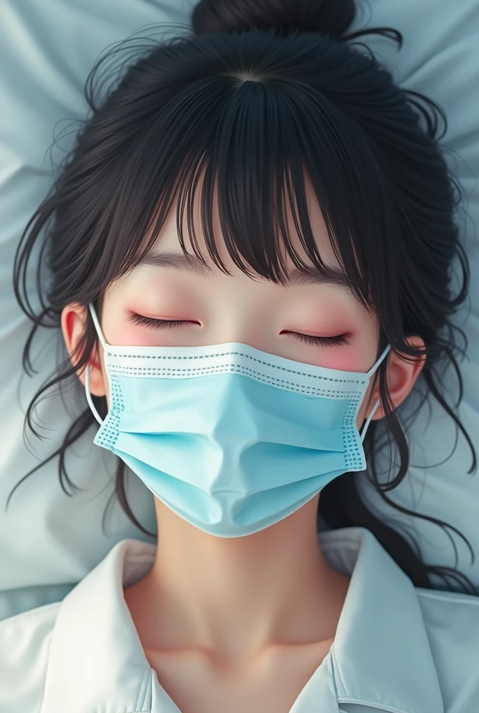 cute japanese girl wearing surgical mask, surgical cap and patient gown on bed, coughing. Photorealism