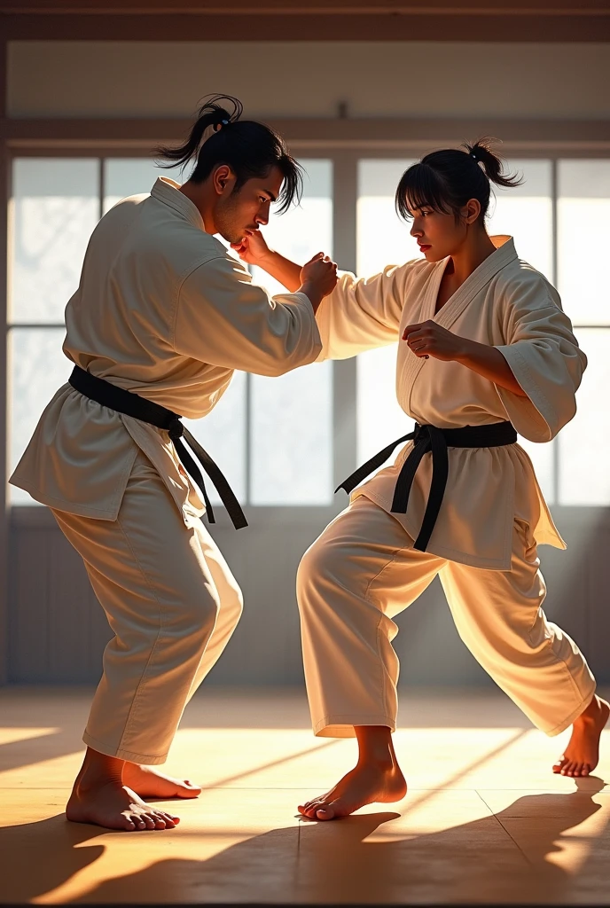 Create an image of a two karateka performing a dynamic martial arts move.