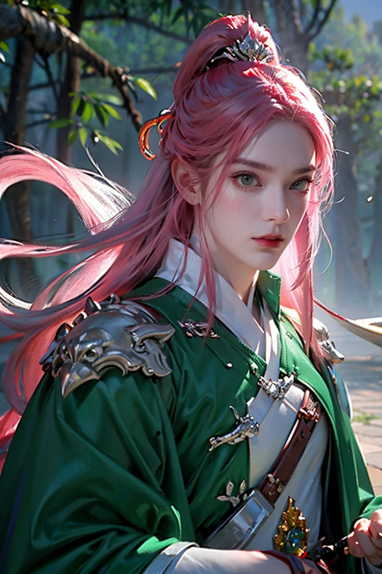 a man with long pink hair and green eyes wearing a chinese armor over traditional tang dynasty clothing, emerald and silver tones, bringing power and peace to the image, (best quality,4k,8k,highres,masterpiece:1.2),ultra-detailed,(realistic,photorealistic,photo-realistic:1.37),extremely detailed eyes and face,longeyelashes,intricate armor details,traditional chinese robes,flowing hair,emerald and silver color palette,powerful and serene expression,dramatic lighting,cinematic composition,award winning digital art