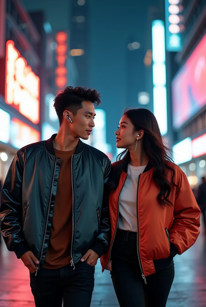 a couple of lovers a beautiful Asian man and woman, 20 years old, clean face, wearing elaborate bomber jackets, wireless earphones, boldly walking around the metropolitan square at night, riding a motorbike together, creative complexity, perfect composition, high clarity, highest resolution,