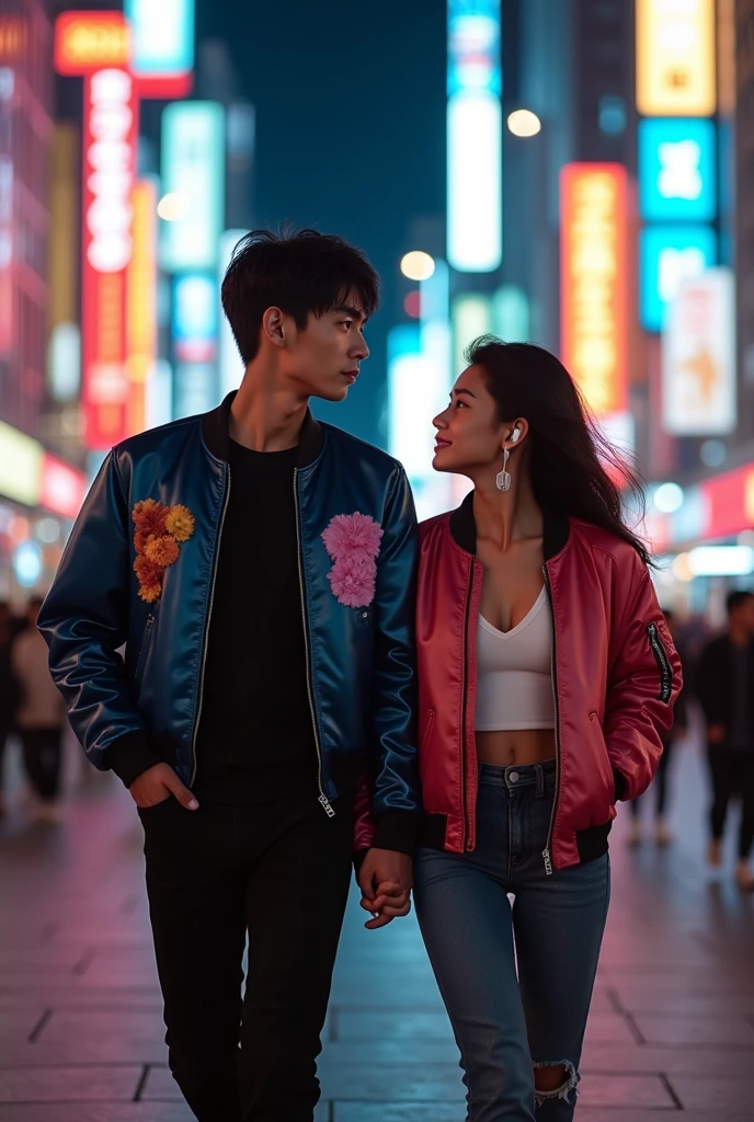 a couple of lovers a beautiful Asian man and woman, 20 years old, clean face, wearing elaborate bomber jackets, wireless earphones, boldly walking around the metropolitan square at night, riding a motorbike together, creative complexity, perfect composition, high clarity, highest resolution,