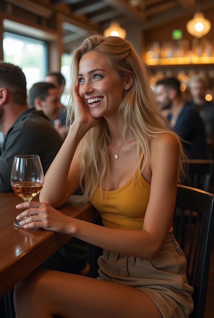 Create a realistic image of a 20 year old woman,
long blond hair, blue eyes, cheekbones, ((full body)),
Dressed in a light brown skirt, a mustard yellow tank top, sitting at a table with friends, drinking a glass of whiskey, she is laughing, background image: a bar with people,
head to toe, full body, hyper realistic photo