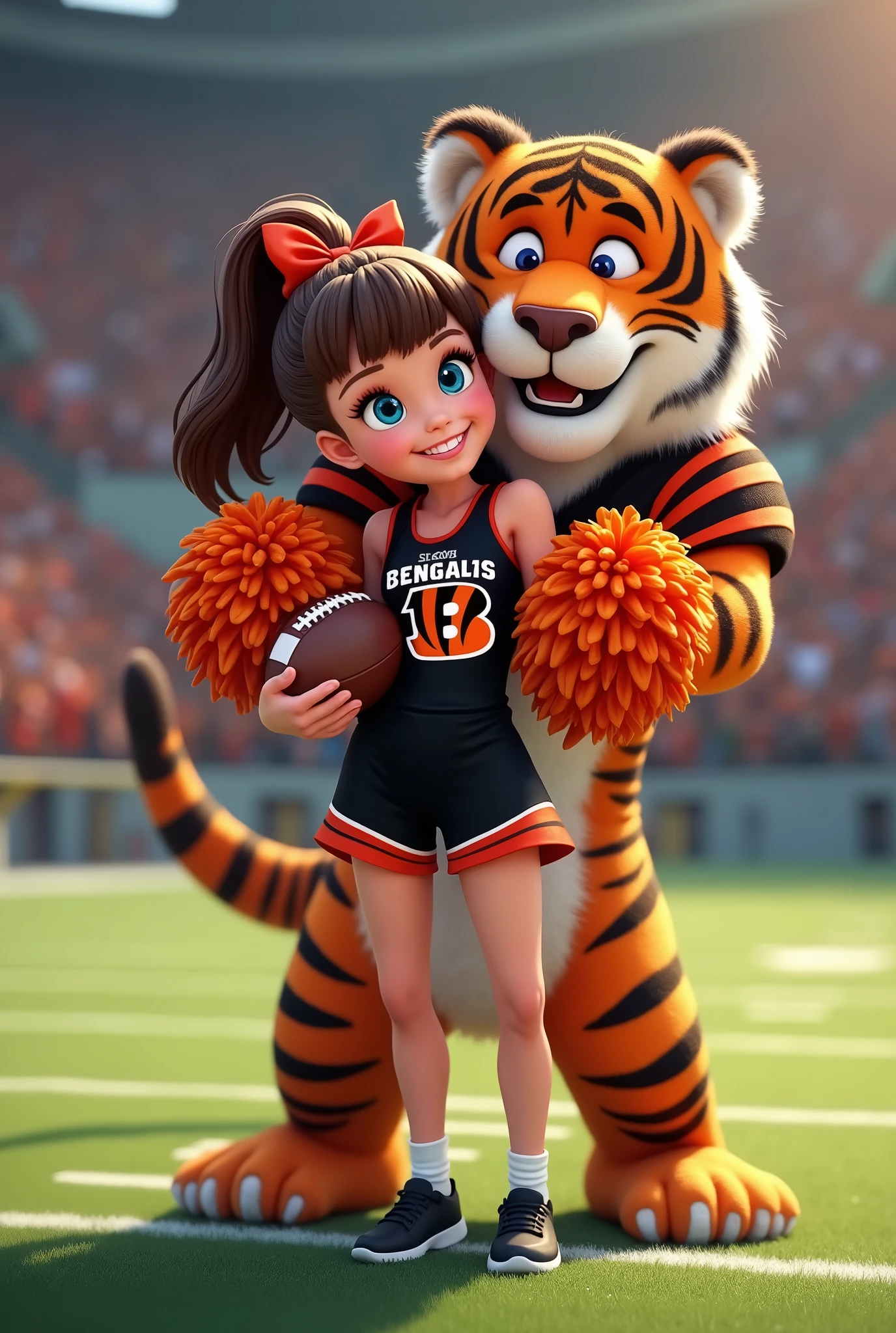 Bengals cheerleader tween
Chunky body
Brown hair, medium length in ponytail, bangs,
blue eyes
football field
Black & orange one piece outfit with Bengals logo black shoes
No socks
hair bow
With tiger hugging
Smiling
Football
Pompom
