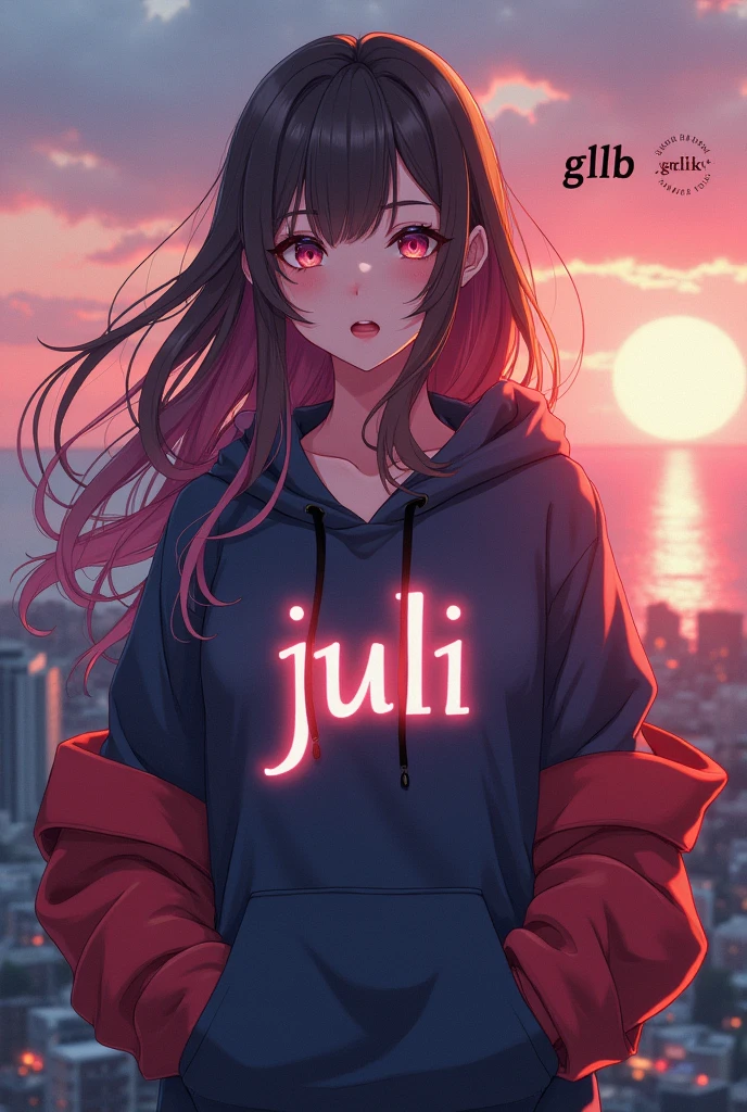 Create anime character;
{background: capital HD text: “GLBK” in right-top, sea}, tanned skin,
realistic, HDR, beautiful, korean style, full body, age 20, hoodie HD text: “JULI”, female, gradient hair, long hair, open breast
