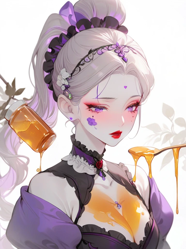 Upper body painting, Honey, (1 girl), ((solo)), ((Solitary)), White skin, Cyanosis, Purple Eyes, Common, Ponytail, Hair accessories, Mole under the eye, Purple Eyes, Purple Eyeshadow, (red lips), (Victorian style dress), masterpiece, high quality