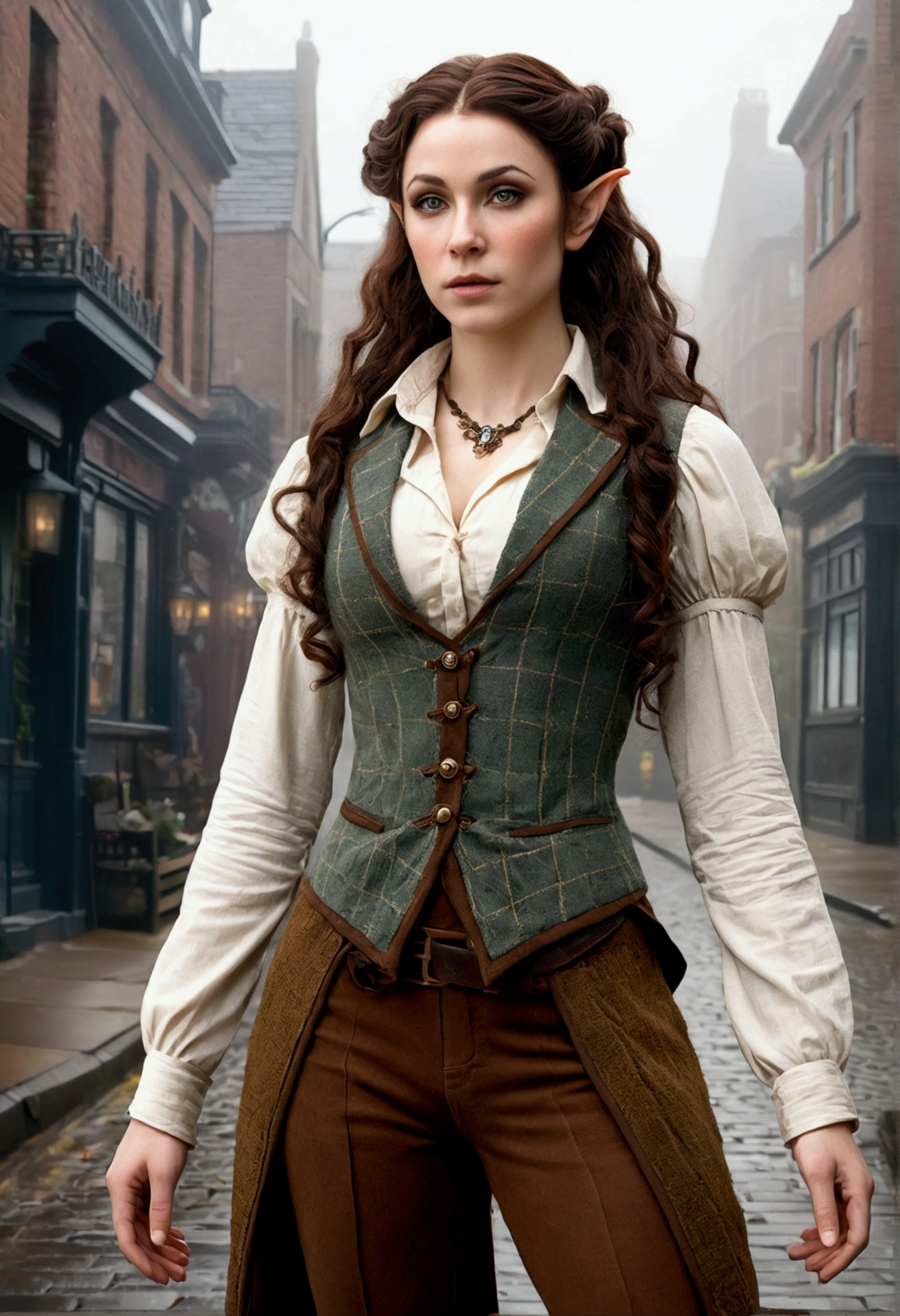 an elven maiden, wearing a tweed vest and patched trousers, tall, toned, amazonian stature, athletic hourglass figure, bosomg pointy elf ears, amber eyes, dark hair, long messy curls, warm almond skintone, freckles, elven ears, standing on a foggy Victorian-era street corner, in the style of an illustrated movie poster, graphite shading, stencil marks, airbrushed acrylic paint, masterpiece
