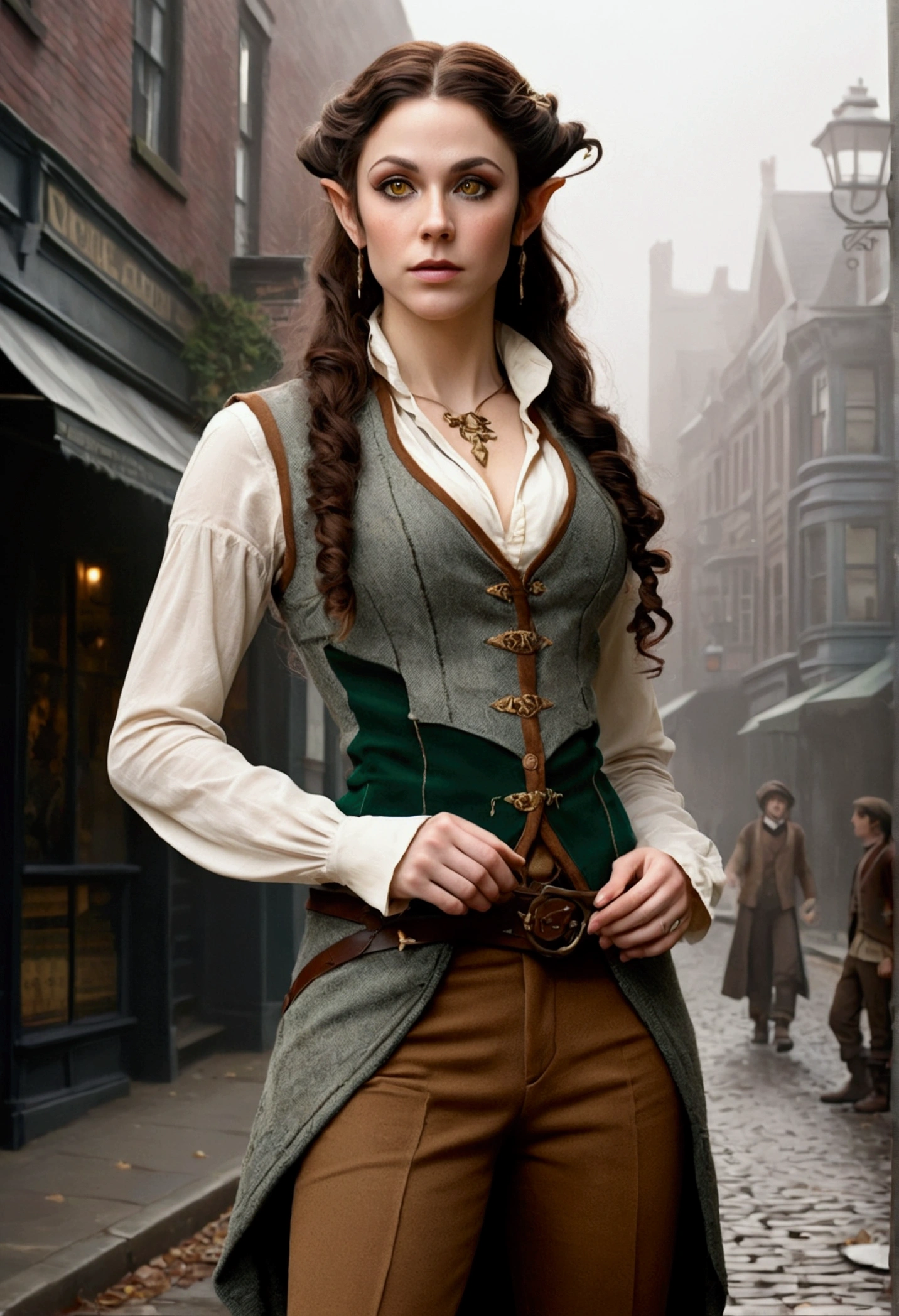 an elven maiden, wearing a tweed vest and patched trousers, tall, toned, amazonian stature, athletic hourglass figure, busty bosom, long pointy elf ears, amber eyes, dark hair, long messy curls, warm almond skintone, freckles, elven ears, standing on a foggy Victorian-era street corner, in the style of an illustrated movie poster, graphite shading, stencil marks, airbrushed acrylic paint, masterpiece