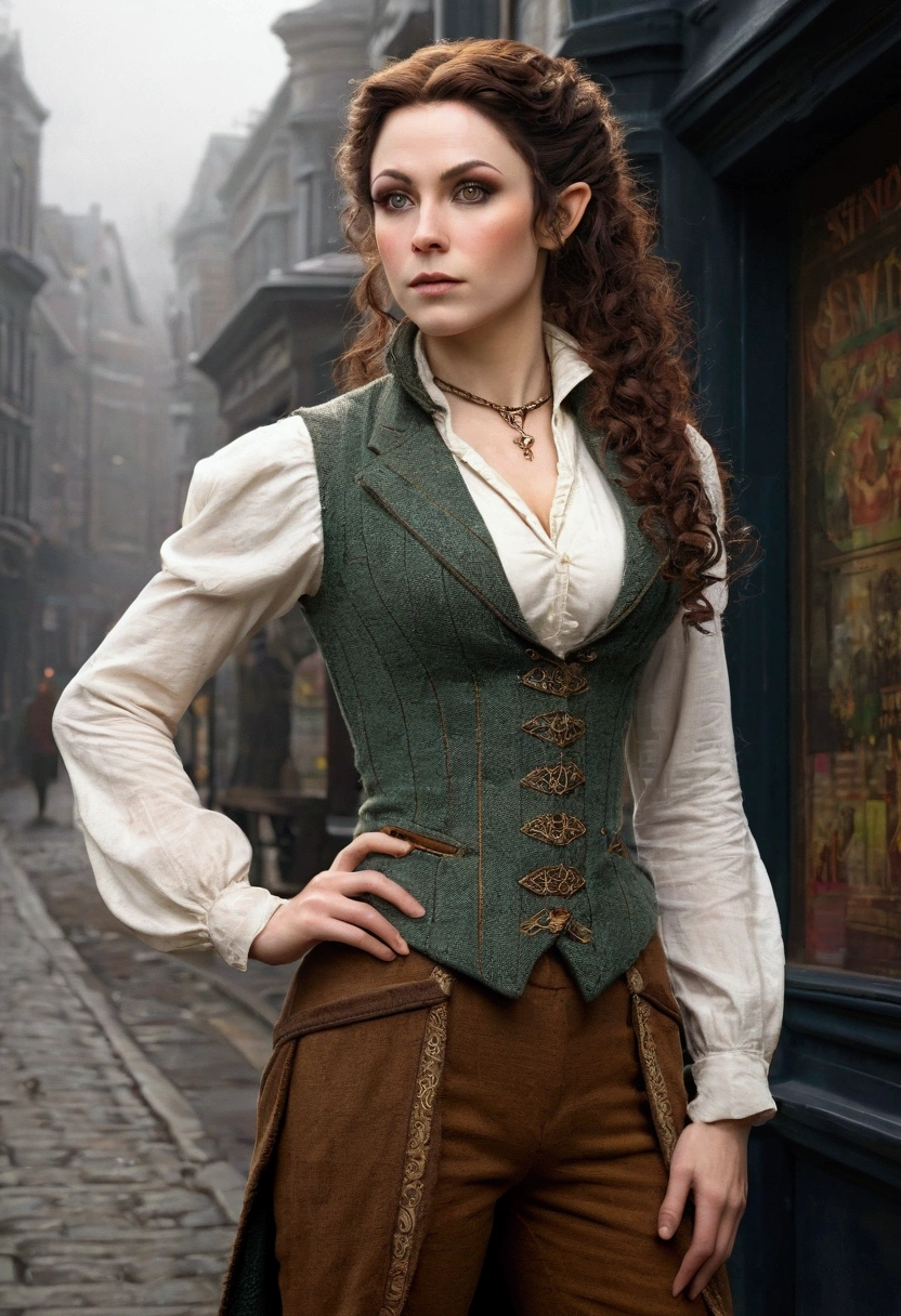 an elven maiden, wearing a tweed vest and patched trousers, tall, toned, amazonian stature, athletic hourglass figure, busty ?????, long pointy elf ears, amber eyes, dark hair, long messy curls, warm almond skintone, freckles, elven ears, standing on a foggy Victorian-era street corner, in the style of an illustrated movie poster, graphite shading, stencil marks, airbrushed acrylic paint, masterpiece