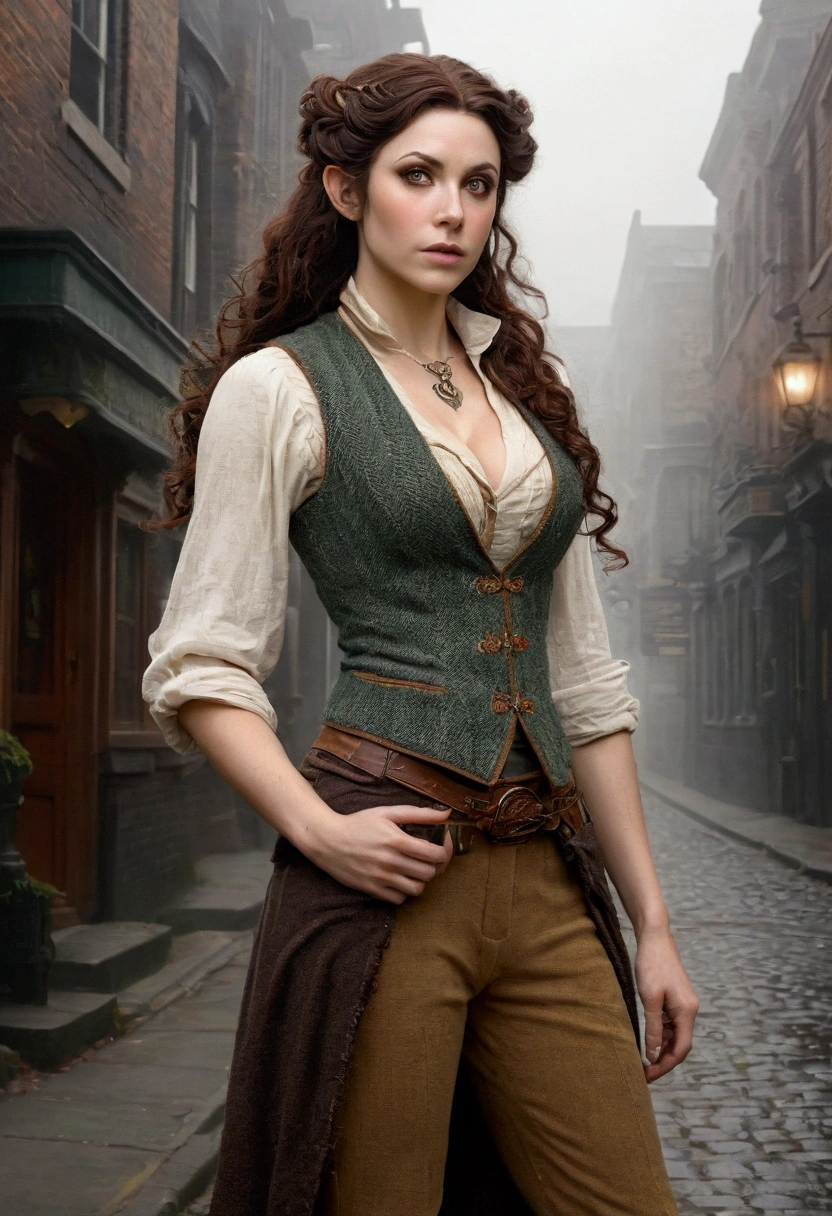 an elven maiden, wearing a tweed vest and patched trousers, tall, toned, amazonian stature, athletic hourglass figure, busty bosom, long pointy elf ears, amber eyes, dark hair, long messy curls, warm almond skintone, freckles, elven ears, standing on a foggy Victorian-era street corner, in the style of an illustrated movie poster, graphite shading, stencil marks, airbrushed acrylic paint, masterpiece