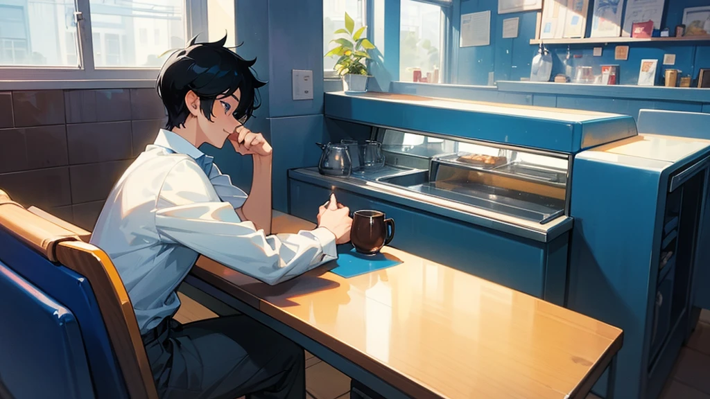 A very cool high school boy in a school uniform、Very happy expression、Black Hair、Short Hair、Blue sparkling eyes、Inside the cafe、Coffee on the table、One person、solo、Retro anime style