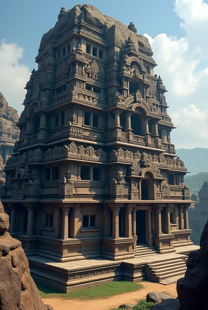 The Kailasa temple at Ellora was carved using the vertical excavation method, starting from the top and working downwards into a single block of basalt rock. This method allowed the temple to be isolated from surrounding rock before detailed carving began.