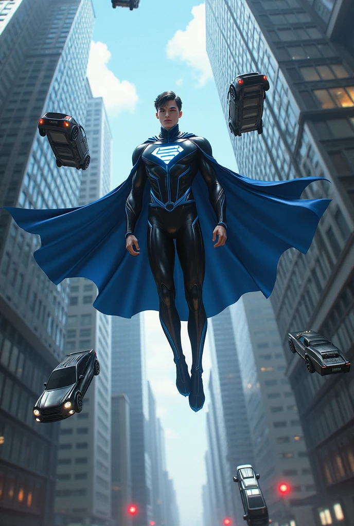 I want you to create a male character with metal control powers. He is a 2 white male not so muscular who has short black hair with black eyes. His superhero costume is black with blue details with a large black cape.. Levitating between buildings he uses his powers to lift several cars